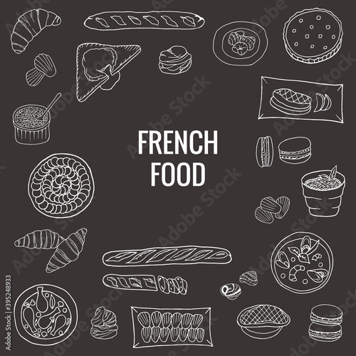 Vector hand drawn of french food. A set with croissant, macaron, profiterole, baguette, bouillabaisse, escargot, quiche, ratatouille. Design sketch for menu cafe, restaurant, label and packaging.