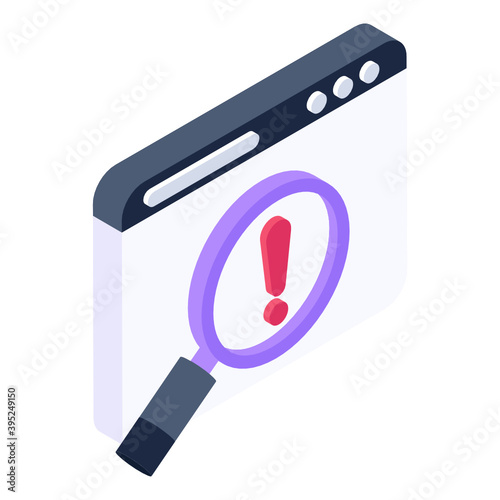 
Exclamation sign under magnifying glass, search error icon
