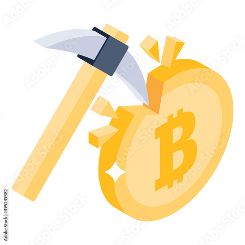 
Bitcoin with hammer in editable style, bitcoin mining 
