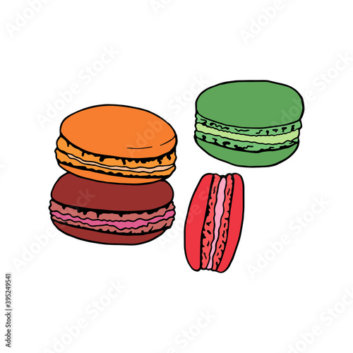 Vector hand drawn macaroni. French cuisine dessert. Design sketch element for menu cafe, bistro, restaurant, bakery, label and packaging. Colorful illustration on a white background.