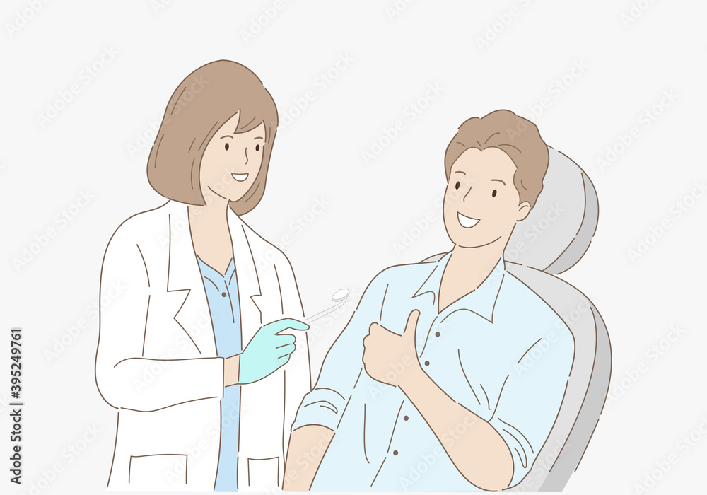 Dentist examining patient teeth and giving thumb up at dental clinic. Hand draw style. Vector illustration. Dentist examining patient teeth and giving thumb up at dental clinic. Hand draw style. Vector illustration.