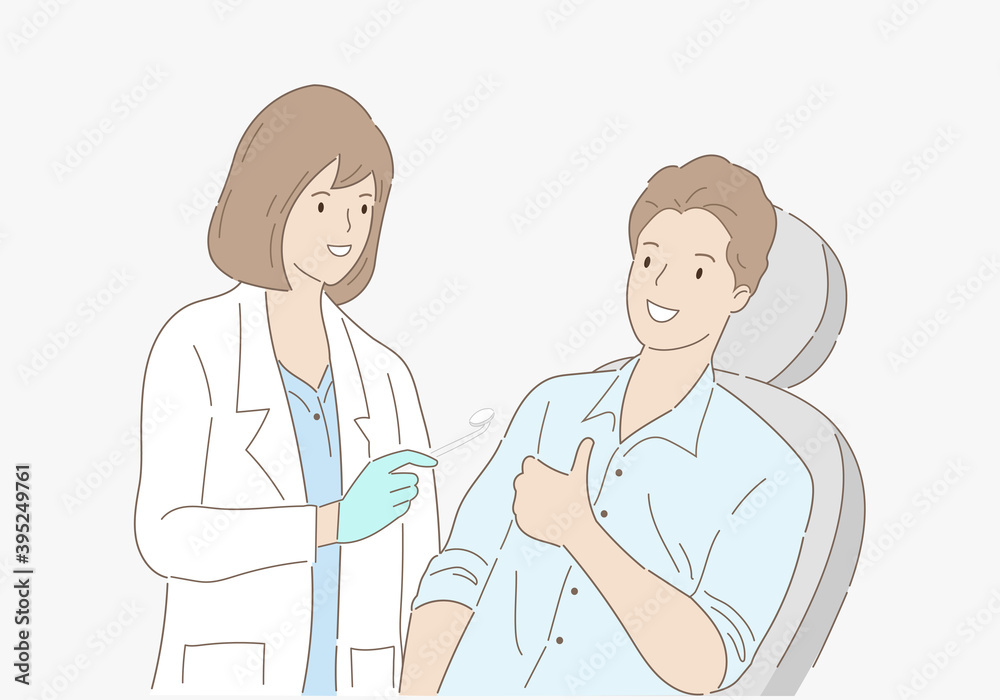 Dentist examining patient teeth and giving thumb up at dental clinic. Hand draw style. Vector illustration.