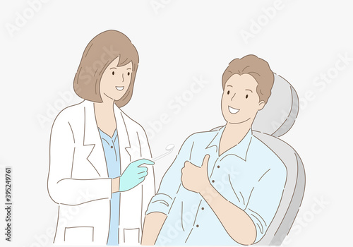 Dentist examining patient teeth and giving thumb up at dental clinic. Hand draw style. Vector illustration.