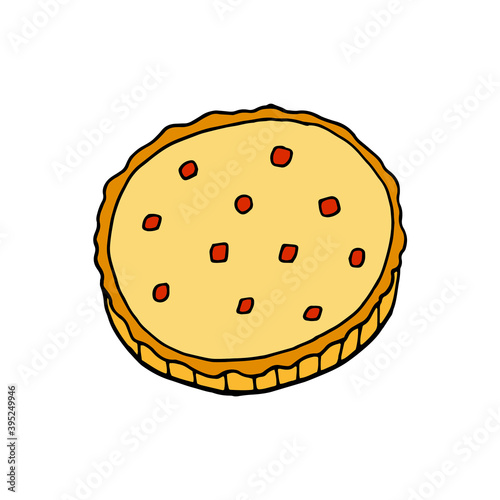 Vector hand drawn quiche. French cuisine dish. Design sketch element for menu cafe, bistro, restaurant, bakery, label and packaging. Colorful illustration on a white background.