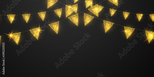 flag celebration Confetti and ribbons gold frame Glow party banner, Event Birthday background template with.