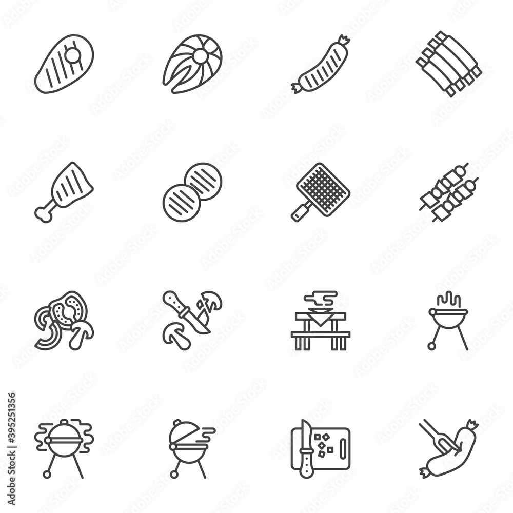 Barbecue food line icons set, outline vector symbol collection, linear style pictogram pack. Signs, logo illustration. Set includes icons as bbq grill meat, beefsteak, fish fillet, hot dog sausage Barbecue food line icons set, outline vector symbol collection, linear style pictogram pack. Signs, logo illustration. Set includes icons as bbq grill meat, beefsteak, fish fillet, hot dog sausage