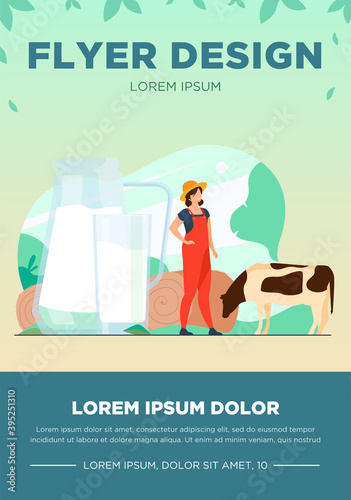 Fresh milk in glass jug. Cow pasturing on farming field. Vector illustration for farm food, nutrition, diet, calcium, casein concept