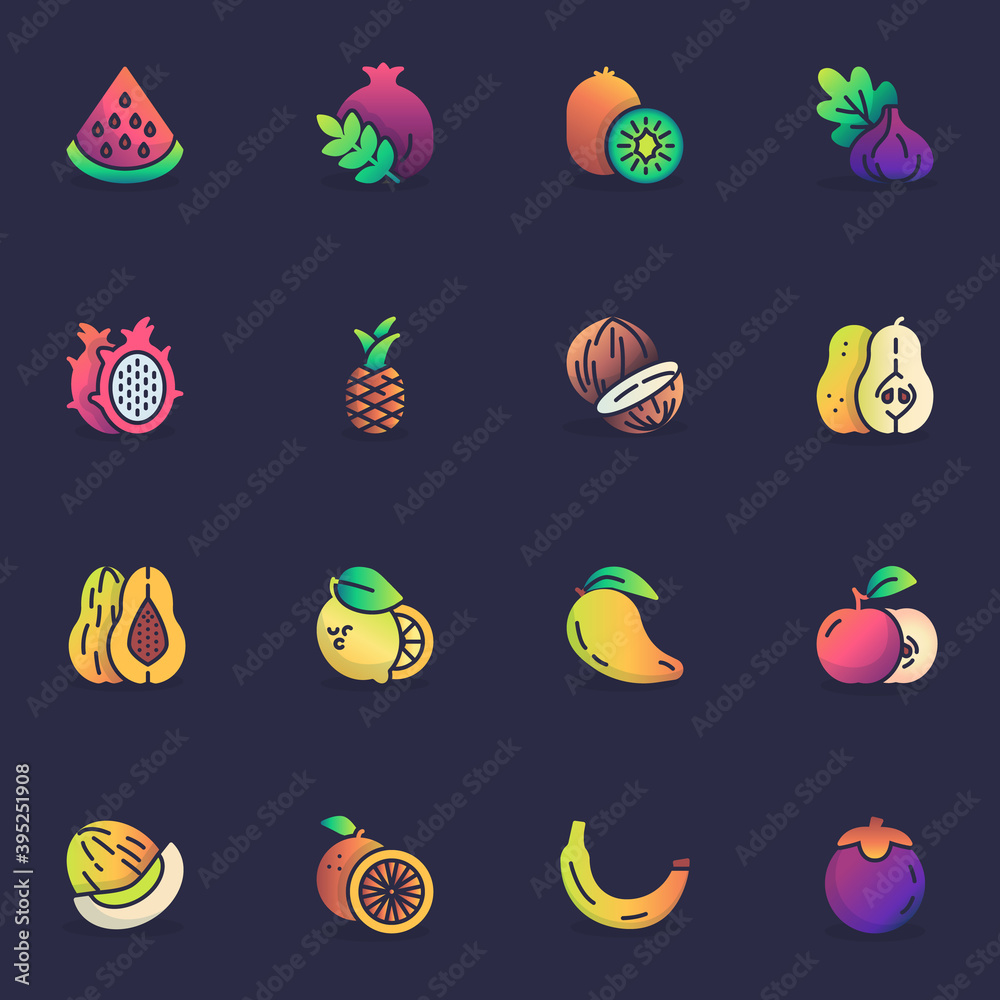 Healthy fruit, filled outline icons set, line vector symbol collection, linear colorful pictogram pack. Signs, logo illustration, Set includes icons as watermelon, pomegranate, banana, dragon fruit