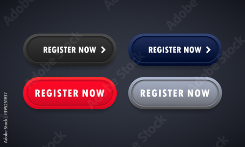 Register now button set. For website. Registration. Vector on isolated background. EPS 10