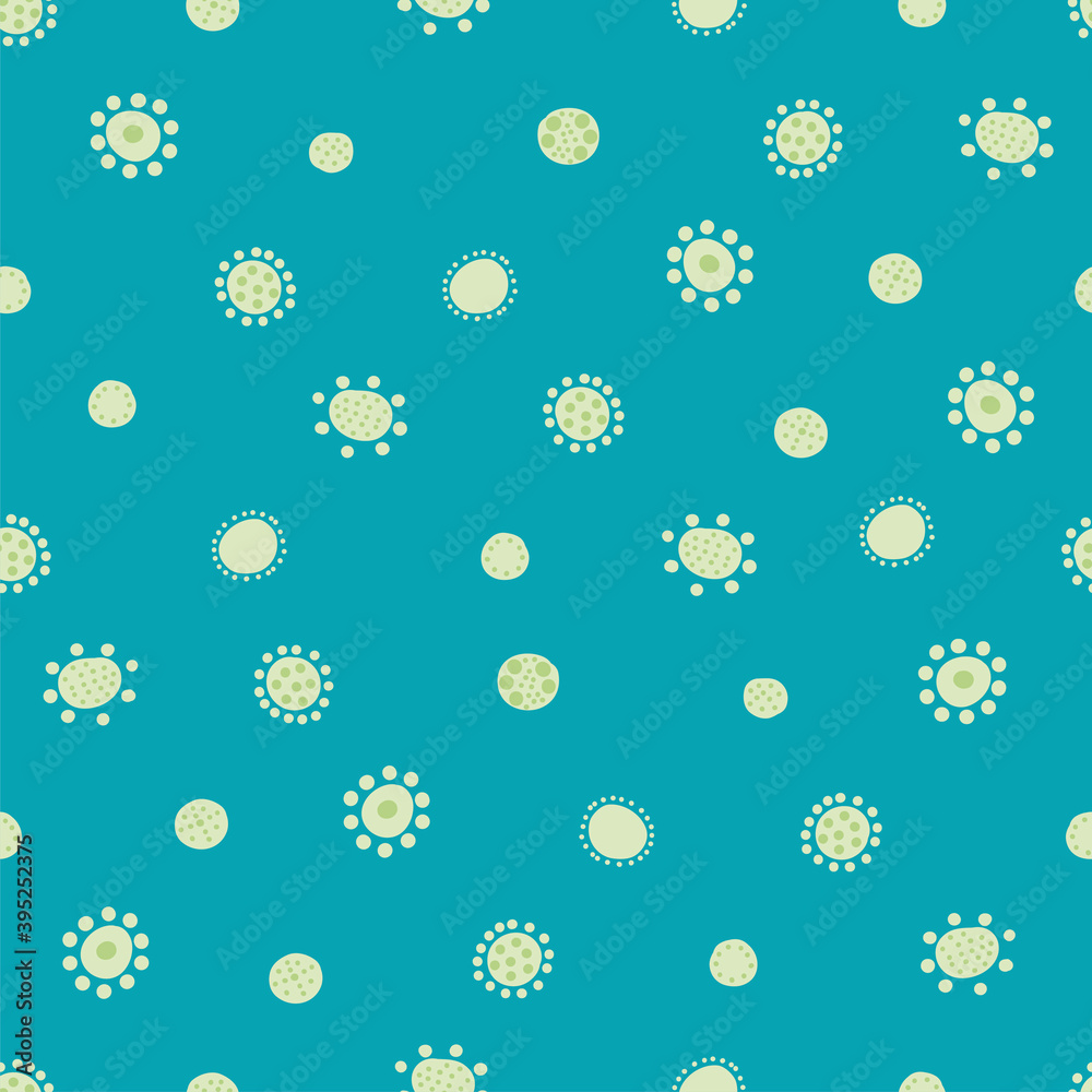 Seamless pattern of modern abstract dots flowers light green on a petrol blue background for fabrics, textilies, kids bedding, kids fashion, wrapping paper, stationery