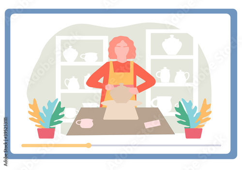 Girl learns to make pottery on the tablet, vector graphics