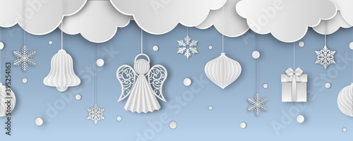 christmas seamless banner with paper clouds, snowflakes and decorations