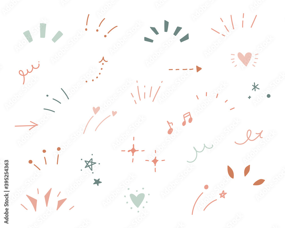 手描きの気づき線、注目マークのセット／ポイント／集中／驚き／飾り／装飾／落書き／ハート／星／矢印