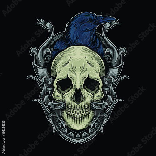 artwork illustration and t-shirt design skull and crow engraving ornament premium vector