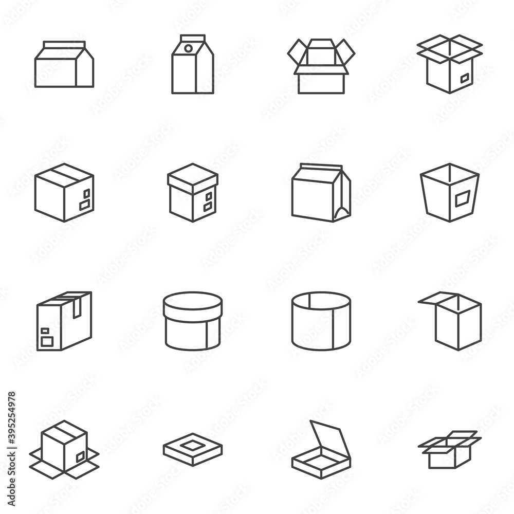 Box and package line icons set, outline vector symbol collection, linear style pictogram pack. Signs, logo illustration. Set includes icons as cardboard box, milk pack, pizza packaging, takeout food