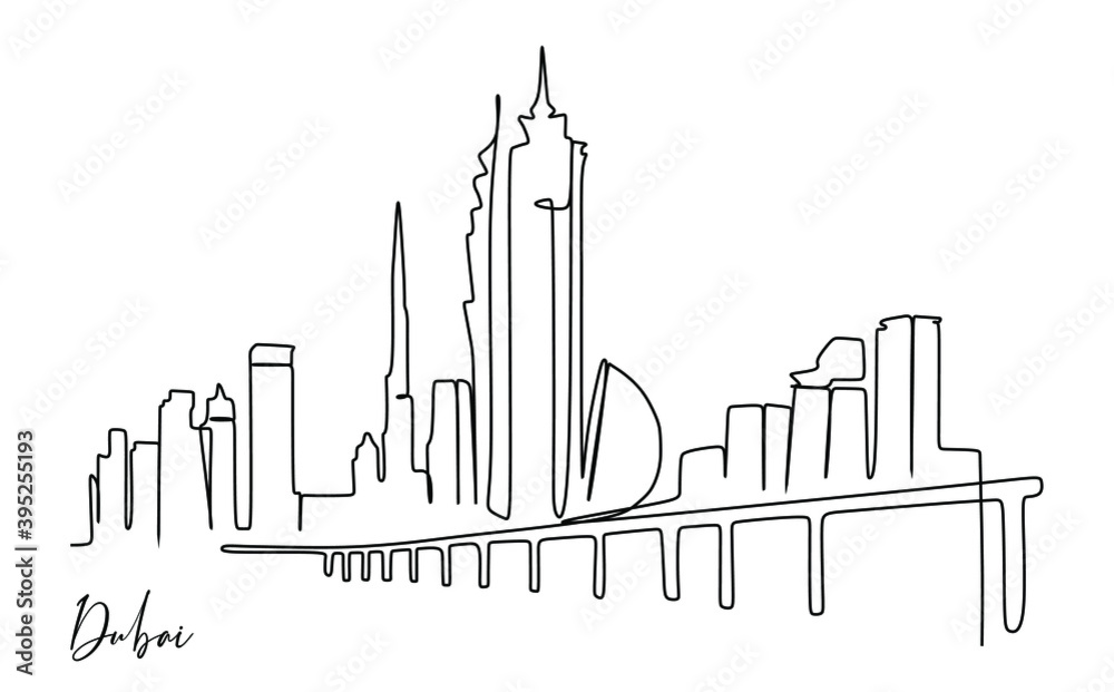 Famous Asian City skyline with towers. Continuous one line drawing