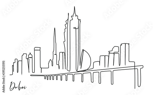 Famous Asian City skyline with towers. Continuous one line drawing