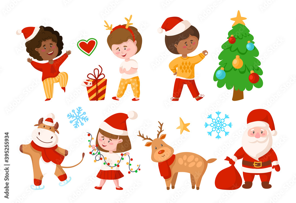 Christmas and New Year kids clipart - cartoon boy and girl, Christmas Tree, gift box, reindeer, Santa Claus, cute cow, snowflake, festive decorations - vector isolated images set