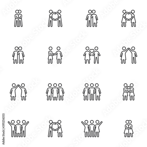 Love and friendship line icons set, outline vector symbol collection, linear style pictogram pack. Signs, logo illustration. Set includes icons as people relationship, man and woman couple, lovers