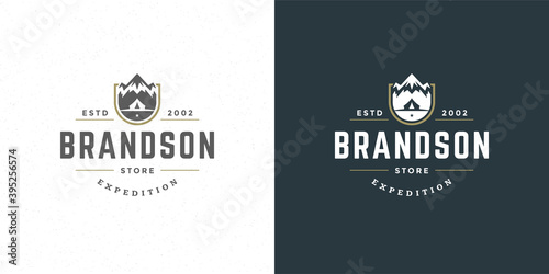 Mountains logo emblem outdoor adventure camping vector illustration mountain and tent silhouettes