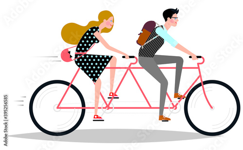 Young couple riding a tandem bicycle at work. Vector