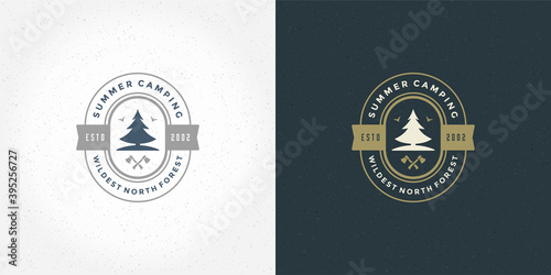 Forest camping logo emblem summer vacation vector illustration pine tree silhouette for shirt or print stamp