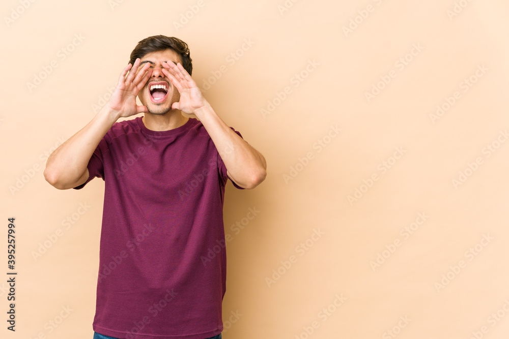 Young cool man shouting excited to front. Young cool man shouting excited to front.