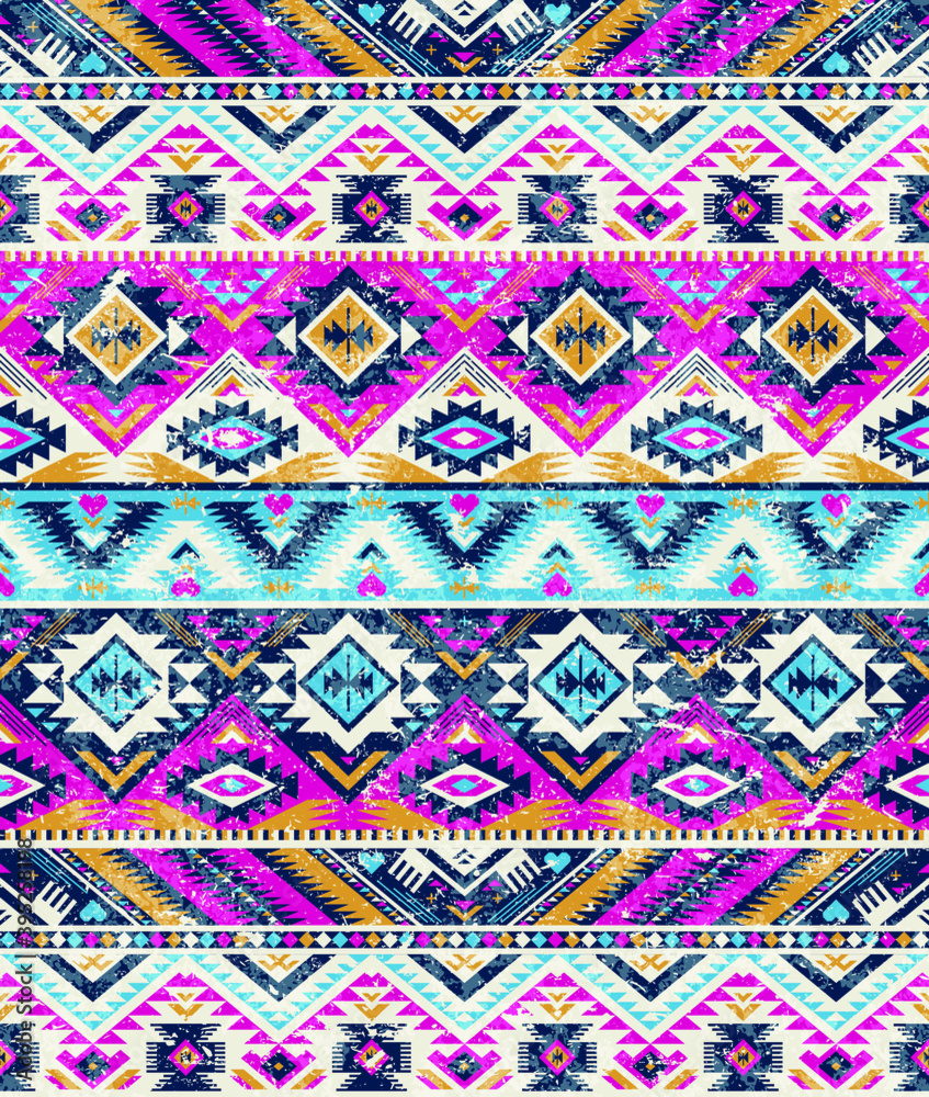 retro colored tribal vector seamless pattern. aztec fancy abstract geometric art print. ethnic background. doodle hand drawn. Wallpaper, cloth design, fabric, tissue, textile template. Aging effect