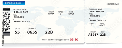 Variant of air ticket boarding pass isolated on white. Template of airline ticket in blue color. Vector illustration