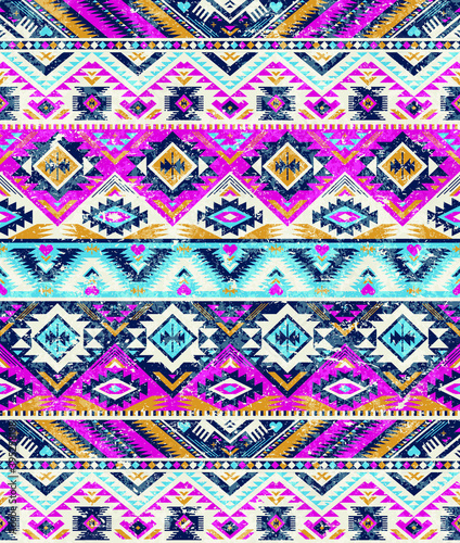 retro colored tribal vector seamless pattern. aztec fancy abstract geometric art print. ethnic background. doodle hand drawn. Wallpaper, cloth design, fabric, tissue, textile template. Aging effect