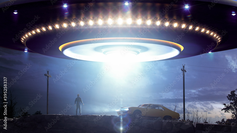 Close encounter with a big flying saucer with shining lights on a hill in an evening sky - concept art - 3D rendering