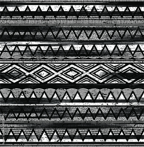 black and white ethnic tribal vector background with decorative folk elements. Aztec abstract geometric art print. Shabby pattern. Aging effect. Wallpaper, cloth design, fabric, tissue, cover, textile