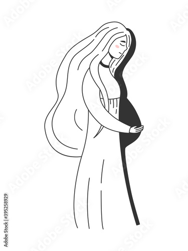 Young sad woman hold her imaginary belly shadow and cry. Pregnancy loss, abortion, Miscarriage, Infertility vector concept. Black and white simple art