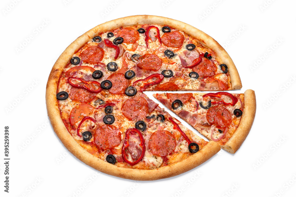 Italian pizza with salami and olives, flyer, poster, pizzeria menu concept. Slice of pizza, copy space, isolated. Italian pizza with salami and olives, flyer, poster, pizzeria menu concept. Slice of pizza, copy space, isolated.