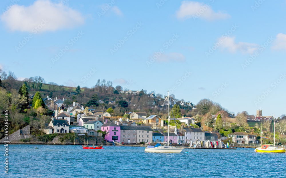 Looking across the River Dart to Dittisham from Greenaway Quay on a fine Winter's day, Devon, England, UK.