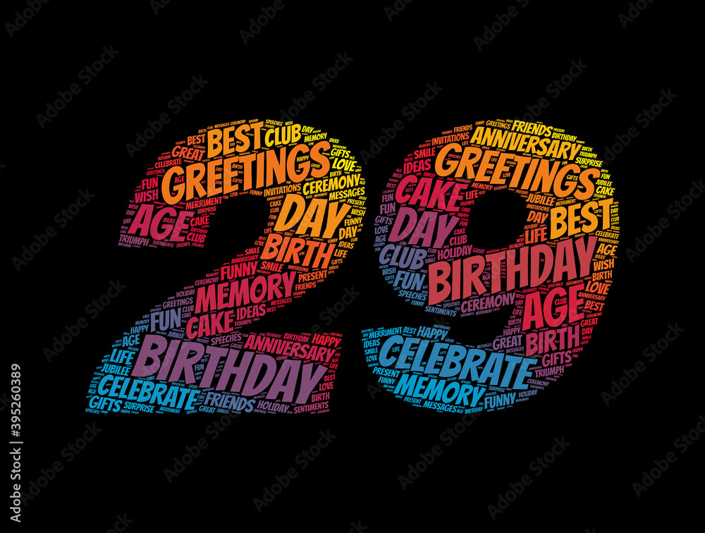 Happy 29th birthday word cloud, holiday concept background