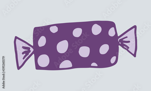 Doodle wrapped candy illustration. Hand drawn dessert isolated on white background. Vector festive icon for candy shop poster. Sweet unhealthy food