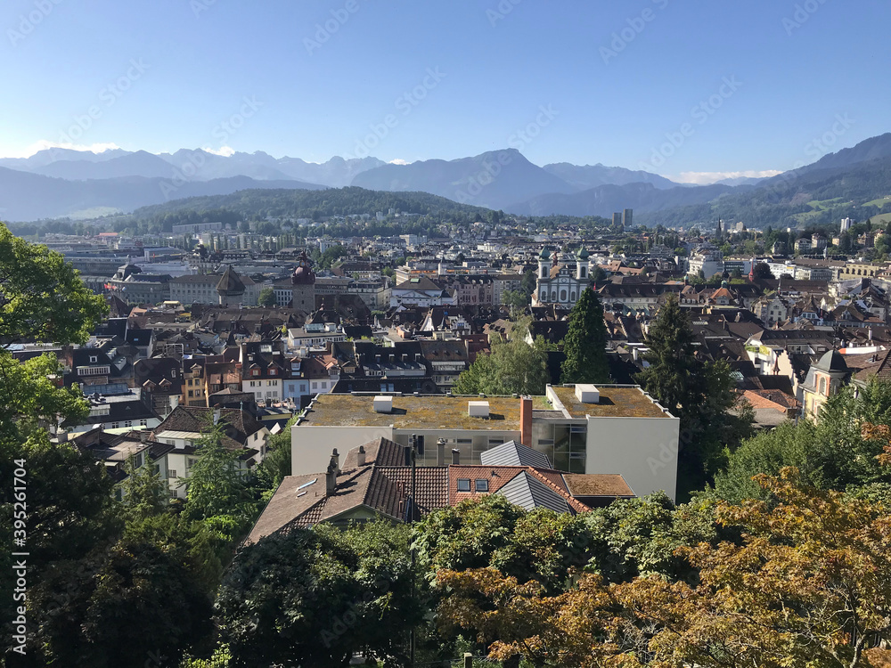 Aerial View Of The Old Town, from mountain in Lucerne, Swiss, Switzerland