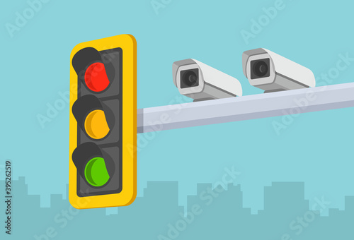 Traffic light and outdoor traffic enforcement cameras. Perspective close-up view. Flat vector illustration template. 