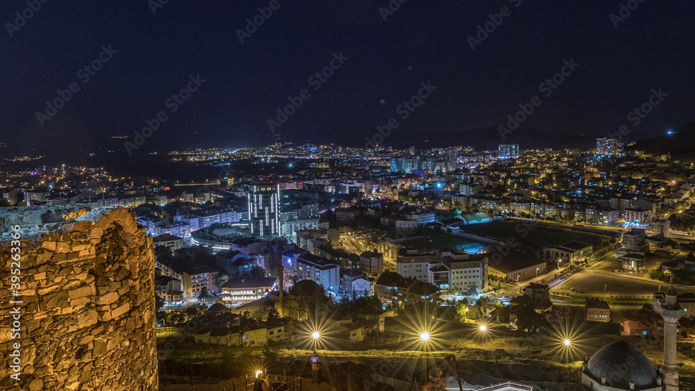 Aerial view from old castlethe in historical city town of Nevsehir night timelapse