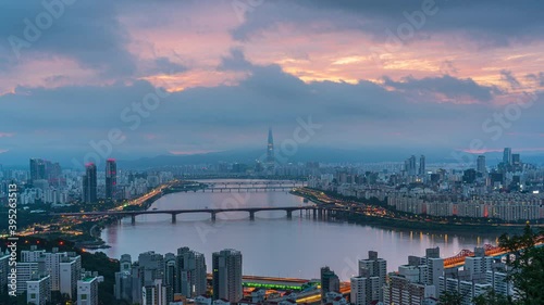 Time lapse 4k Sunrise of Seoul city at han river in South Korea.