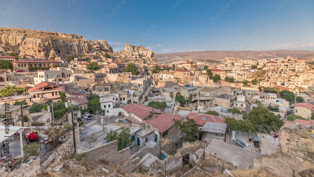 Obraz premium Urgup Town aerial view from Temenni Hill in Cappadocia Region of Turkey timelapse