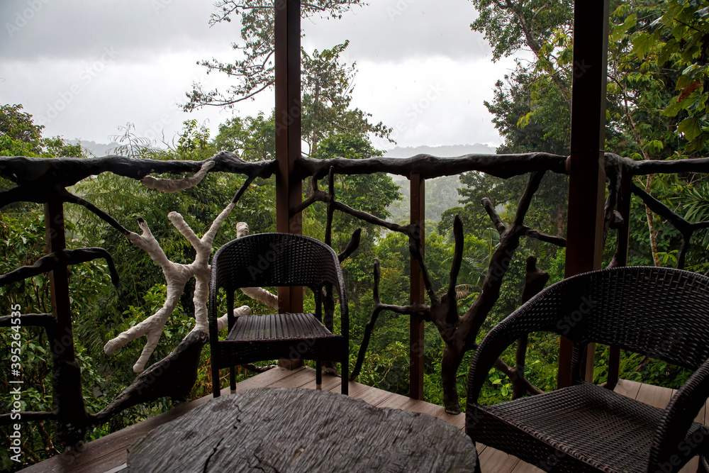 Outside of a treehouse in the rainforest in Boca Tapada in Costa Rica