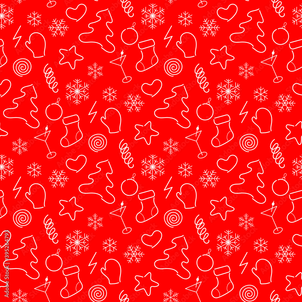 Linear vector on a Christmas theme on a red background, seamless pattern Linear vector on a Christmas theme on a red background, seamless pattern
