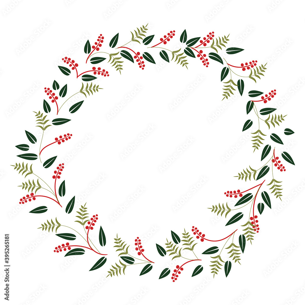 floral pattern in the form of a round frame of branches, leaves and berries for design and cards floral pattern in the form of a round frame of branches, leaves and berries for design and cards