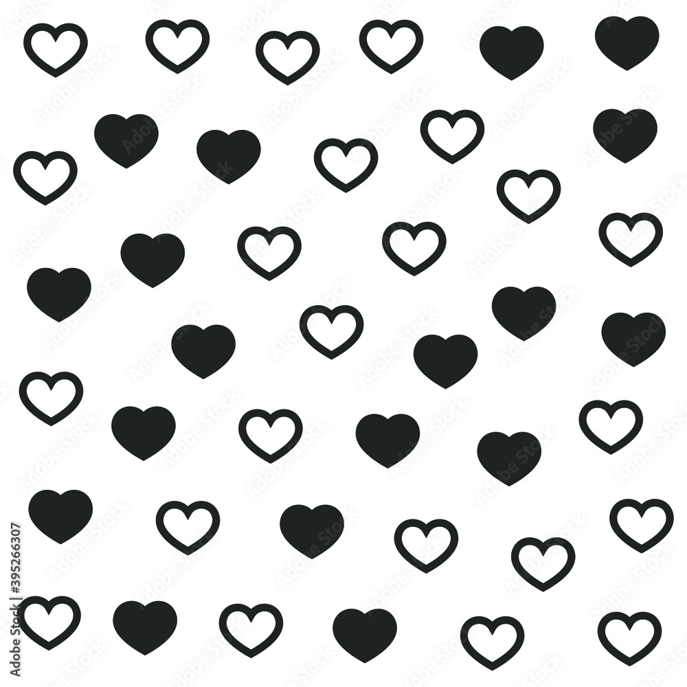 Fototapeta premium Black hearts on white background. Seamless vector romantic love valentine pattern. Repeat elements. For fabric, textile, design, cover, banner.