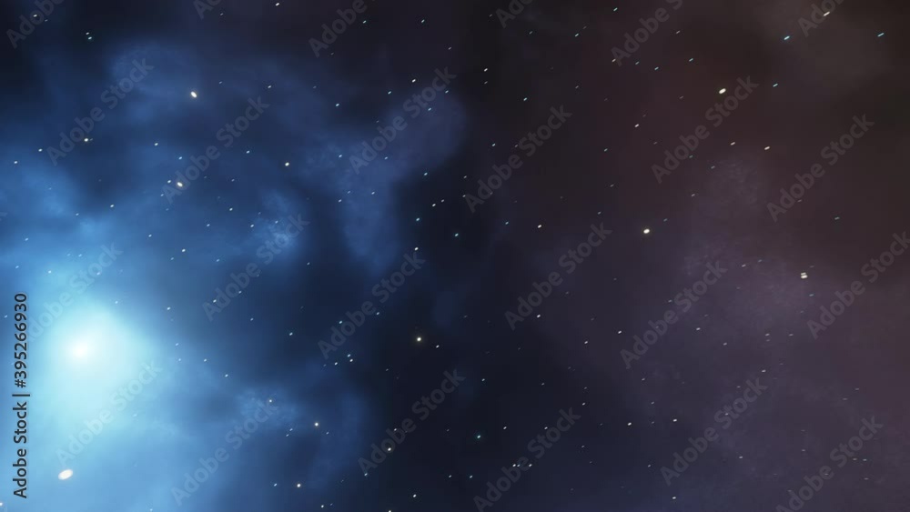 CGI Loopable Animation Space Travel Throug Blue and Orange Nebula Clouds and Star Systems.