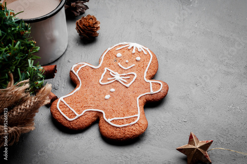 Gingerbread Man. christmas gingerbread cookies on a dark background top view macro