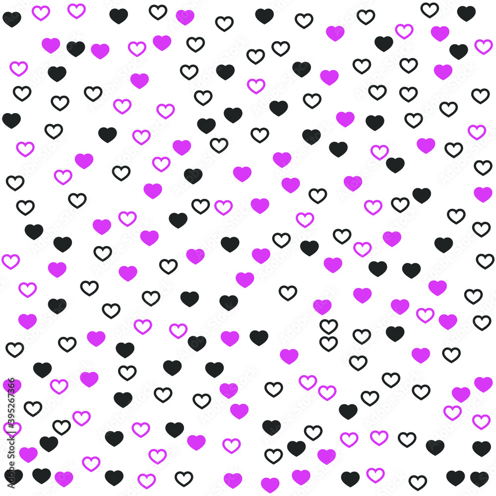 Chaotic pink and black hearts on white background. Seamless vector romantic love valentine pattern. For fabric, textile, design, cover, banner.