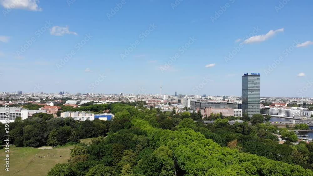 4k drone of treptower park berlin moving steadily into the middle ground left to right with allianz building river spree and else bridge 4k drone of treptower park berlin moving steadily into the middle ground left to right with allianz building river spree and else bridge
